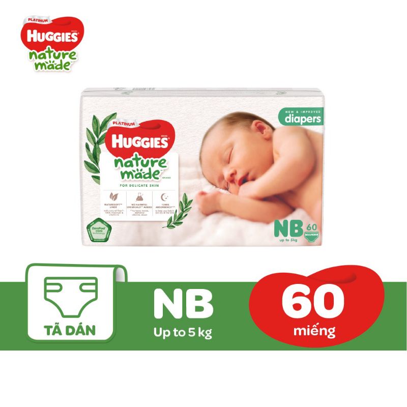 [CHÍNH HÃNG] BỈM HUGGIES NATURE MADE CÁC SIZE NB60/S82/M64/L54/XL44/XXL26