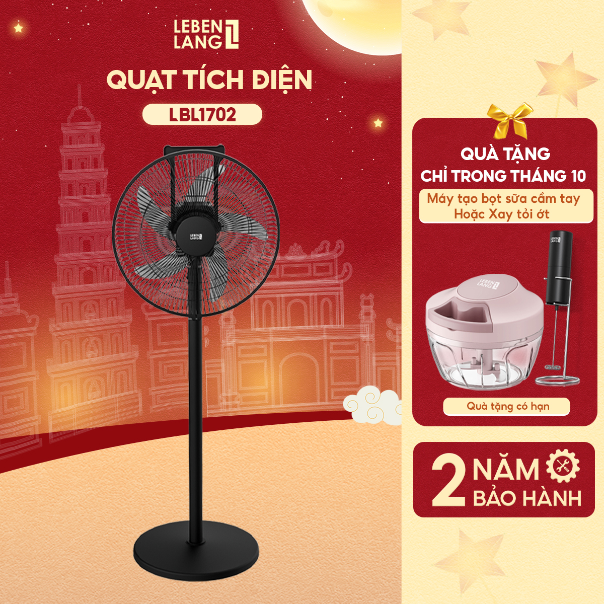Quạt tích điện Lebenlang LBL1702 quạt cây có điều khiển 5in1 35W sạc từ 4-6h 5 tốc độ gió bảo hành 2