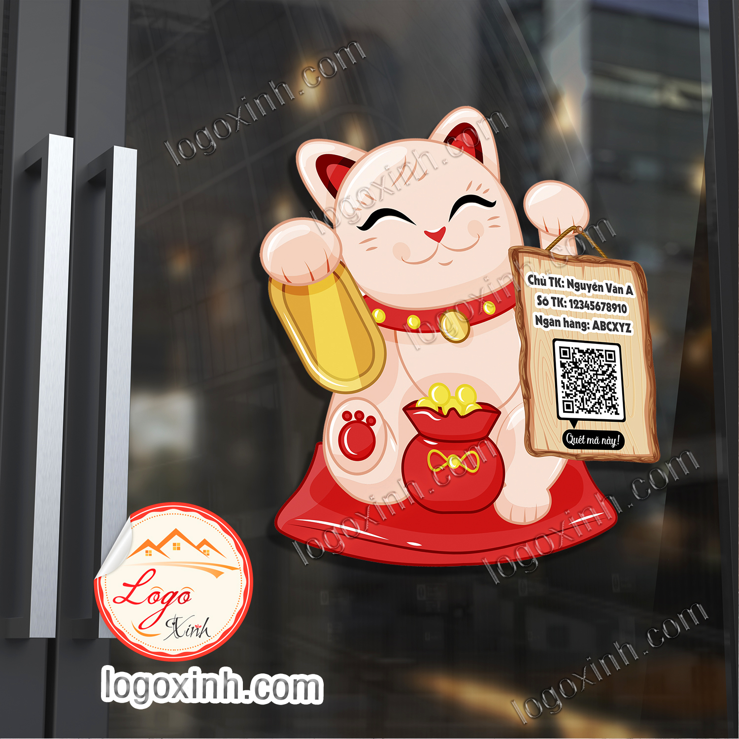 Sticker Decal Dán Mèo Thần Tài Ghi Thông Tin Tên Shop  Số Tài Khoản Ngân Hàng Mã QR Code Để Chuyển T