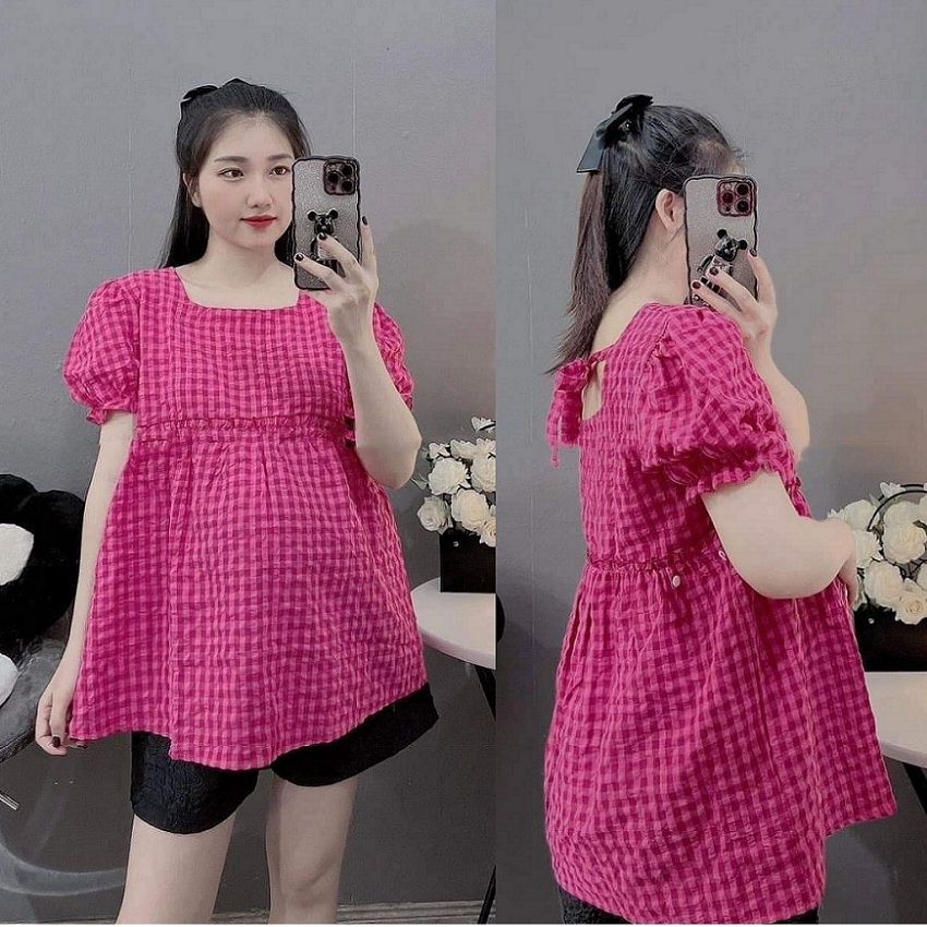 Áo bầu babydoll kẻ hồng trẻ trung xinh xắn cổ vuông dây buộc nơ sang chảnh
