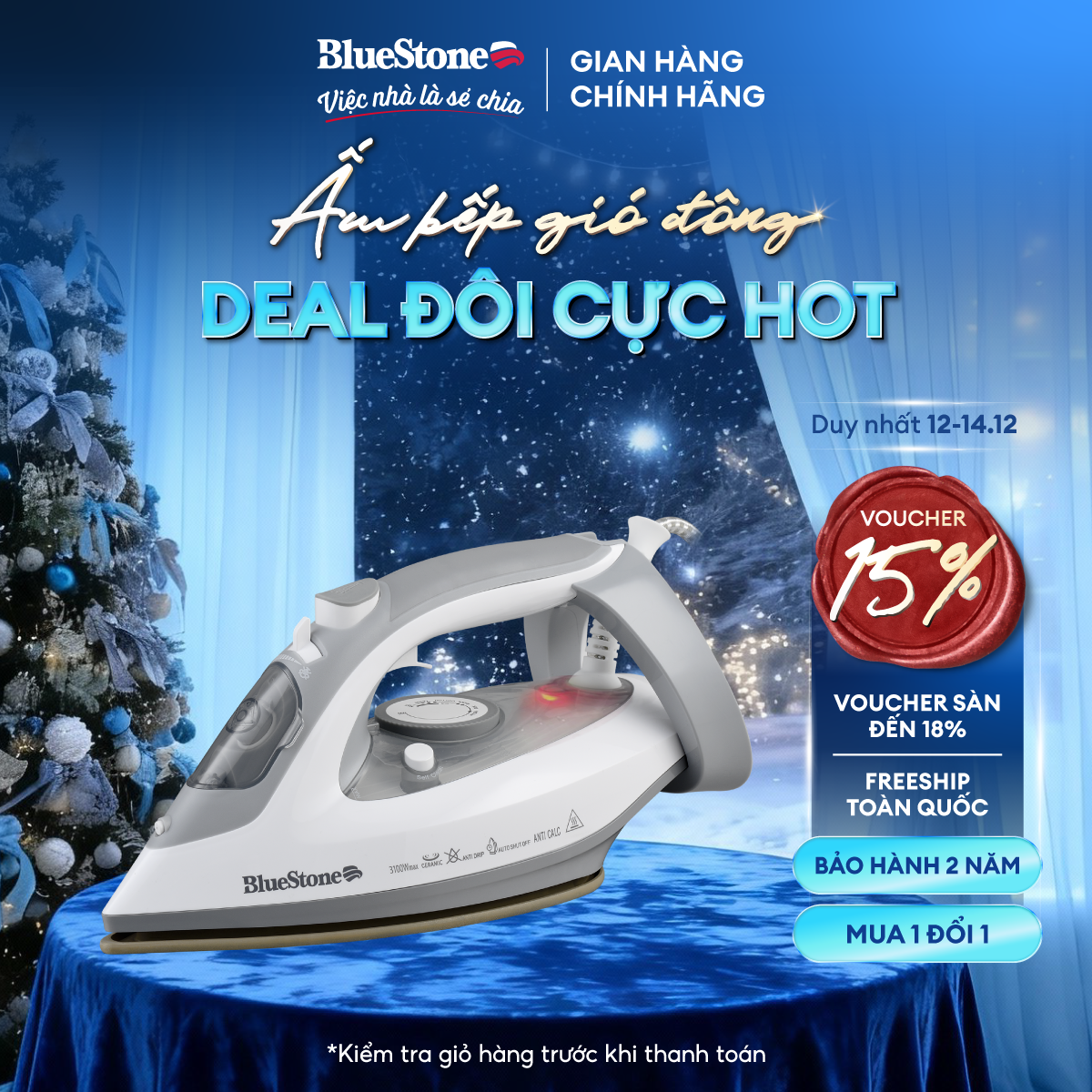 Bàn Ủi Hơi Nước BlueStone SIB-3836 2600-3100W - Chống Dính Ceramic, Phun Sương Đa Chức Năng