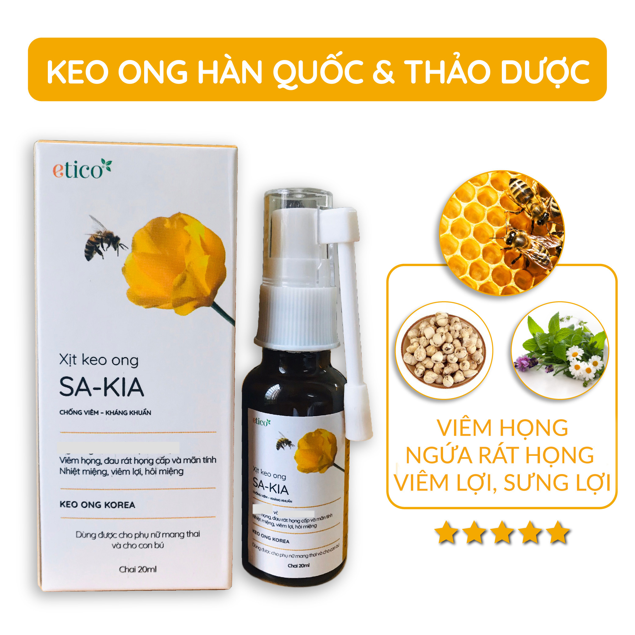 Xịt Họng Keo Ong Hàn Quốc Dùng Được Cho Trẻ Em Bà Bầu Sakia - Chống Viêm Kháng Khuẩn - Giảm Ho Đau Họng Viêm Lợi Sưng Lợi (160 Lần Xịt) (20Ml)