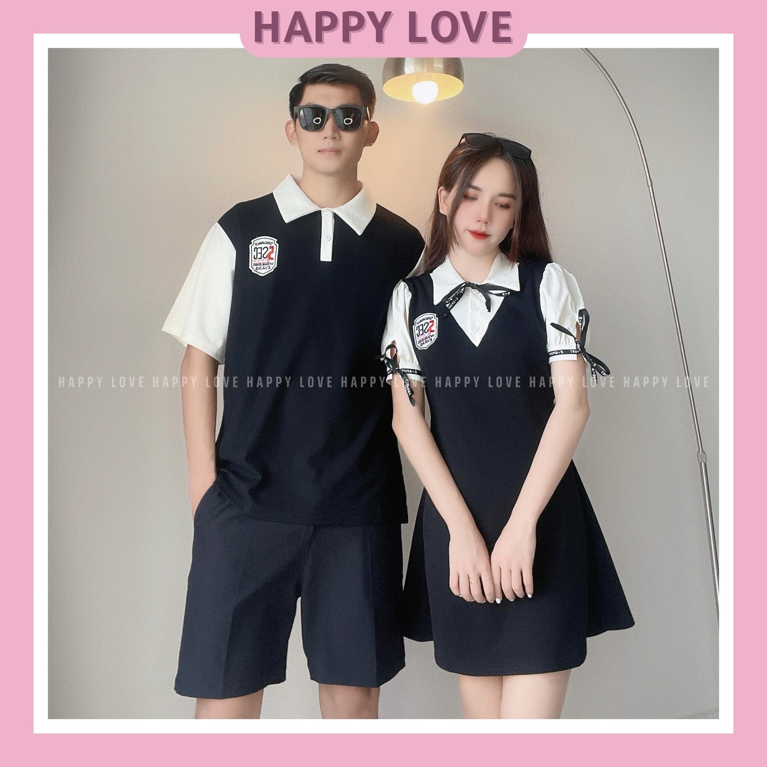 Đồ cặp nam nữ set couple áo nam đầm nữ Polo mùa hè tay ngắn màu đen dáng xoè thời trang dành cho cặp đôi HAPPYLOVE H086