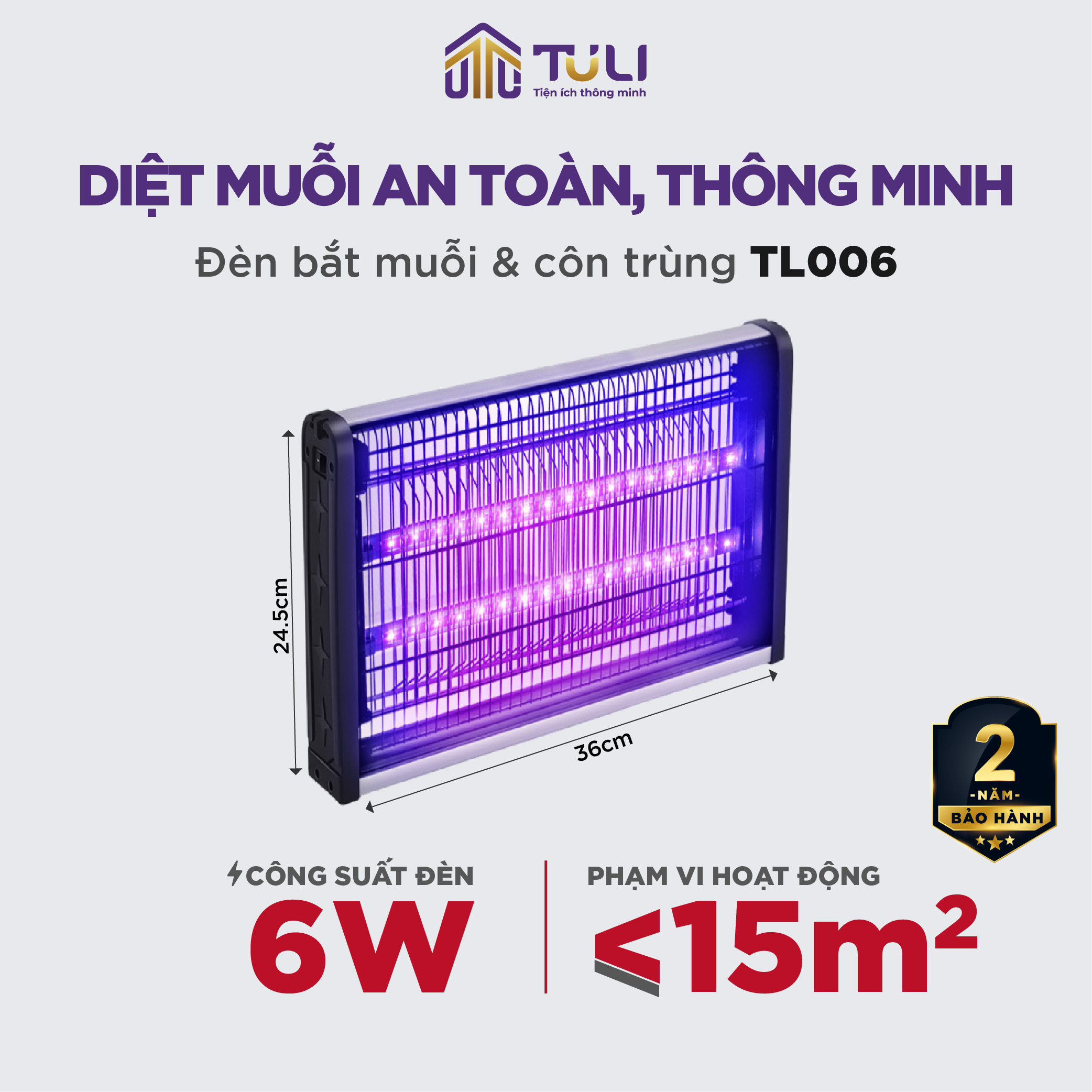 Đèn Bắt Muỗi Thông Minh Cao Cấp Tuli TL006, Kích Thước 360x245x60mm, LED 6W, An Toàn Không Độc Hại