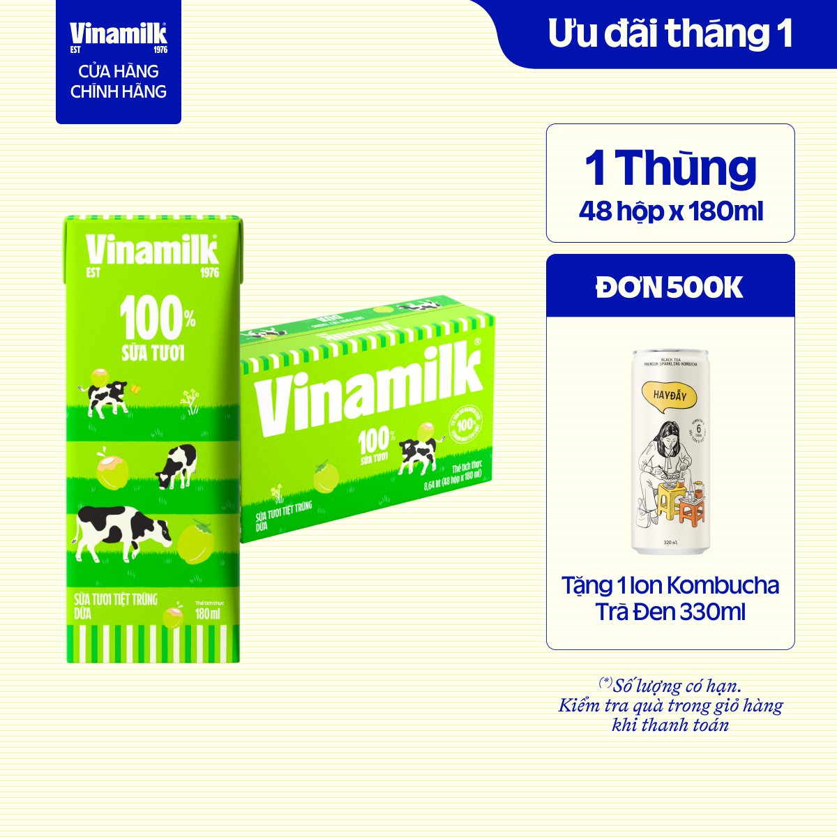 Thùng 48 Hộp Sữa vị Dừa Vinamilk 100% - Thùng 48 hộp 180ml