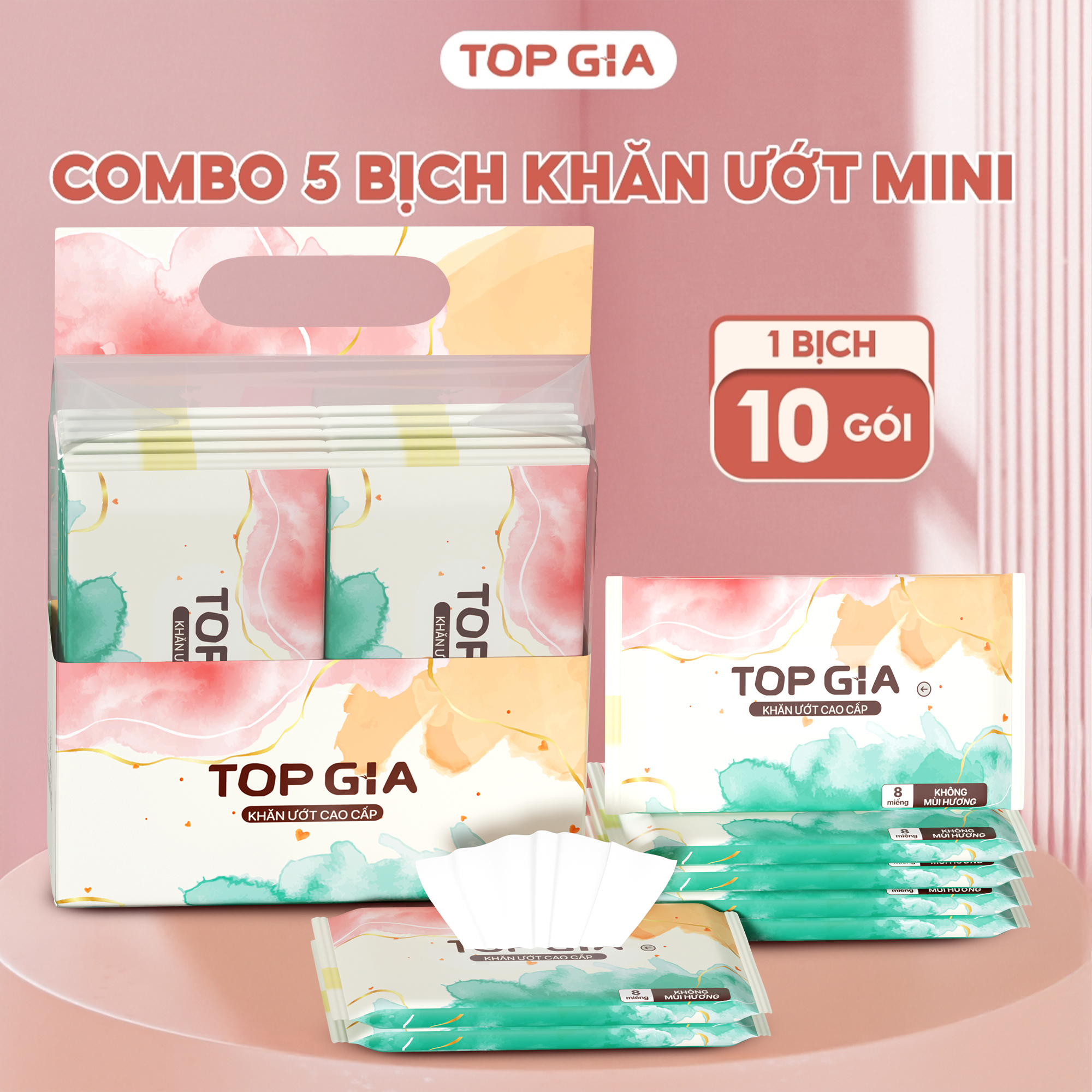 Khăn ướt mini cao cấp Topgia bịch 10 gói 8 tờ không cồn không parabens dành cho em bé