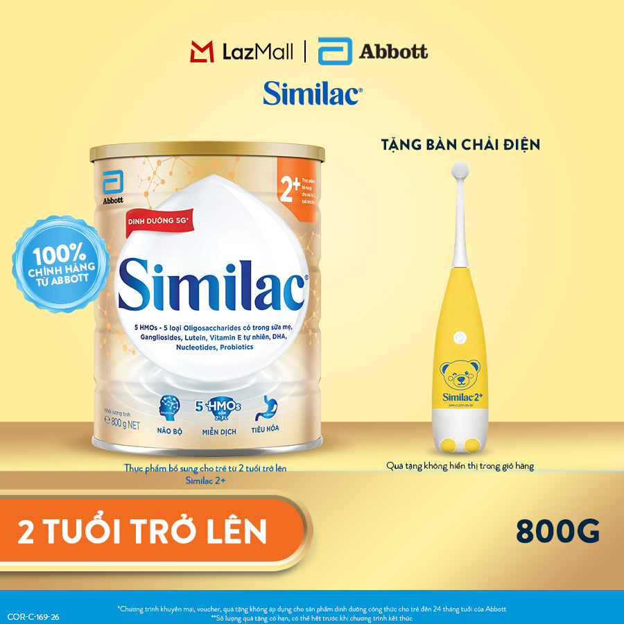 Sữa bột Similac 2+ 800g đột phá dinh dưỡng 5G cho trẻ từ 2-6 tuổi + Bàn chải điện Similac