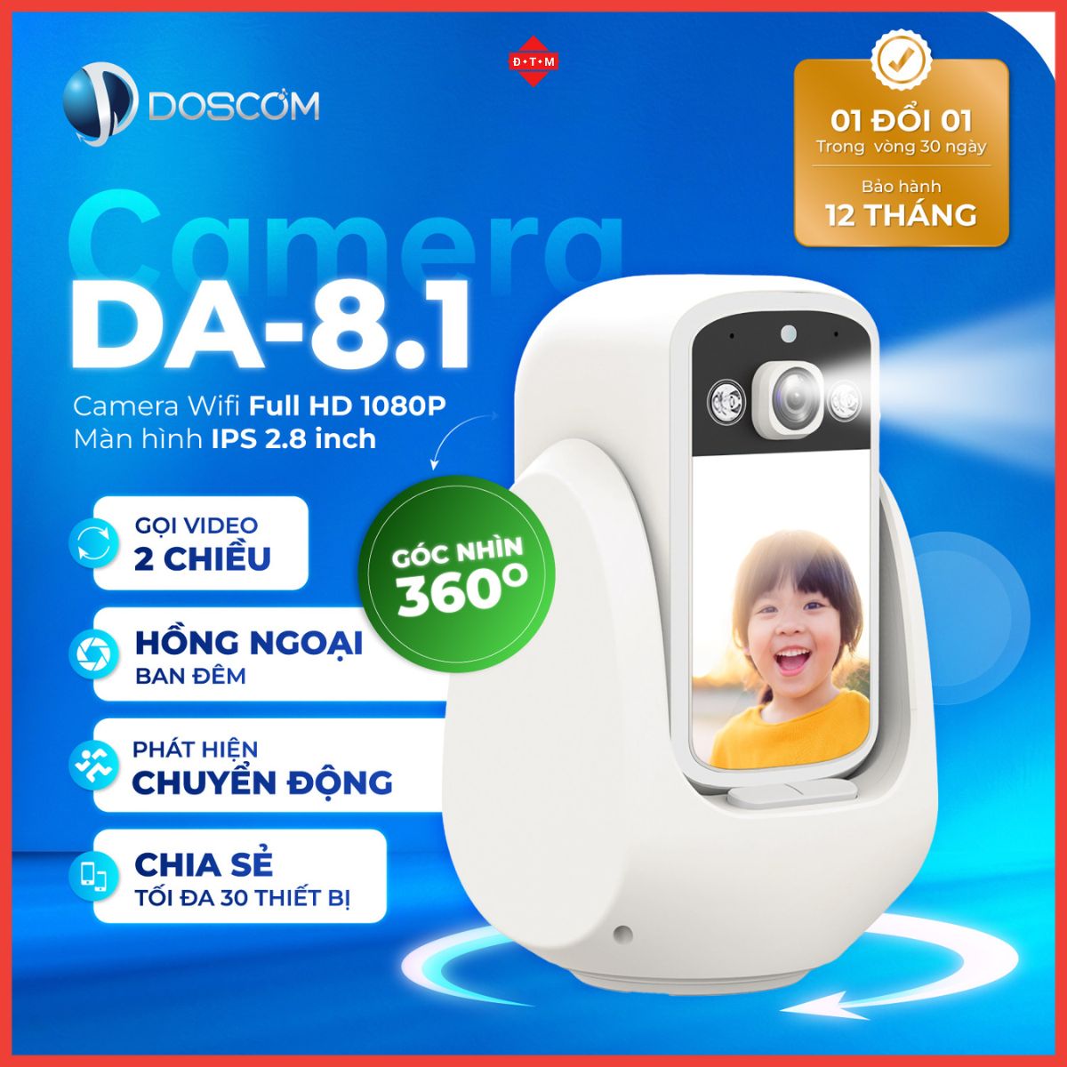 Camera Gọi Video Call 2 Chiều Có Màn Hình Doscom DA8.1 - Camera Wifi Quan Sát Trẻ Em Người Già