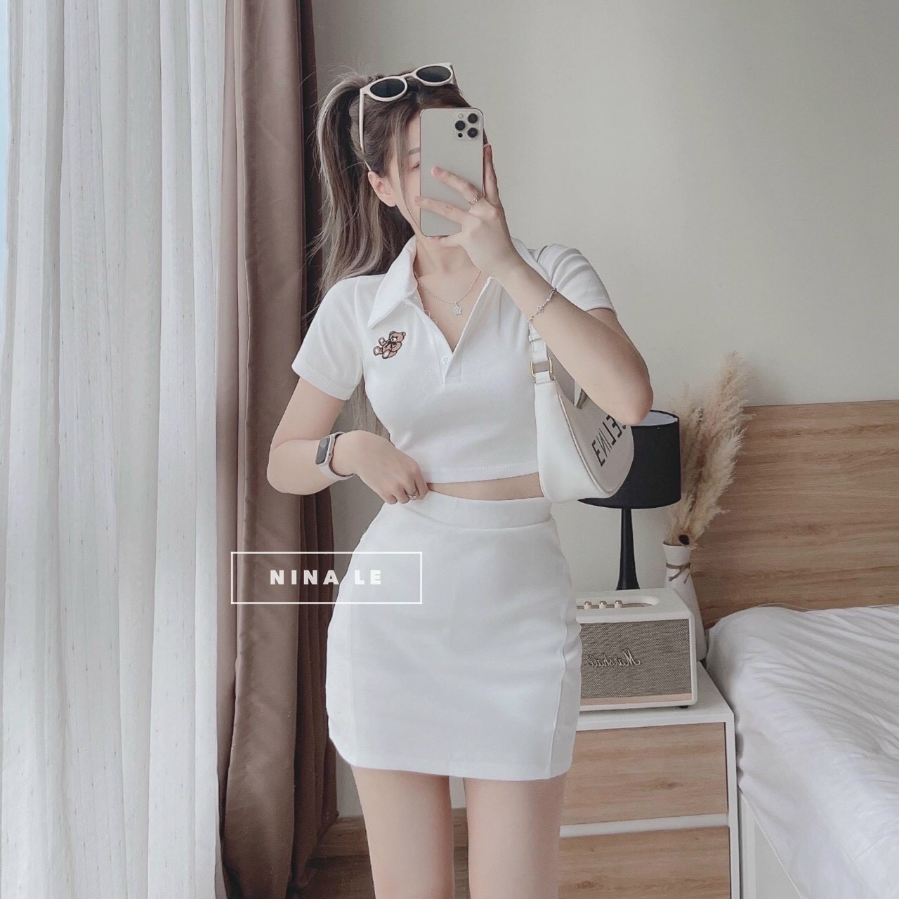 Set chân váy chữ A set áo thun có cổ croptop áo thun body tay ngắn set váy polo màu trắng thêu gấu p