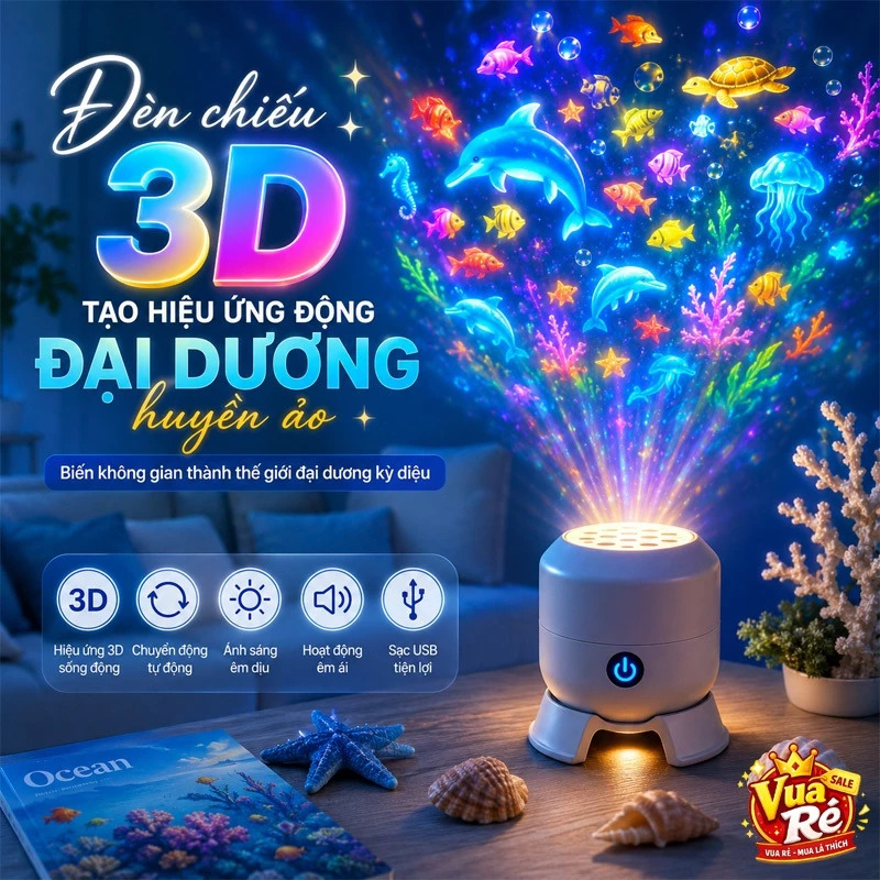 Đèn chiếu 3D tạo hiệu ứng động đại dương hiển động | - Hiệu ứng 3D | - Chuyển động tự động | - Âm thanh động | - Hiệu ứng ánh sáng | - Sạc USB | Phòng ngủ hoặc phòng khách