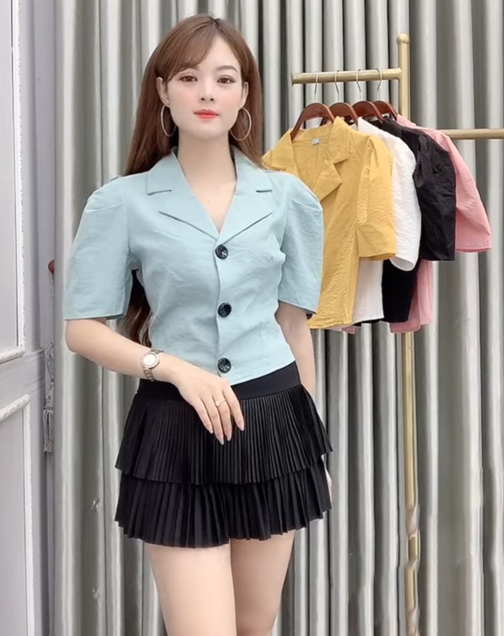 Áo Kiểu Chất Đũi Cổ Vest Croptop Hàn Quốc Tay Phồng Công Sở (  KÈM QUÀ TẶNG NGẪU NHIÊN )