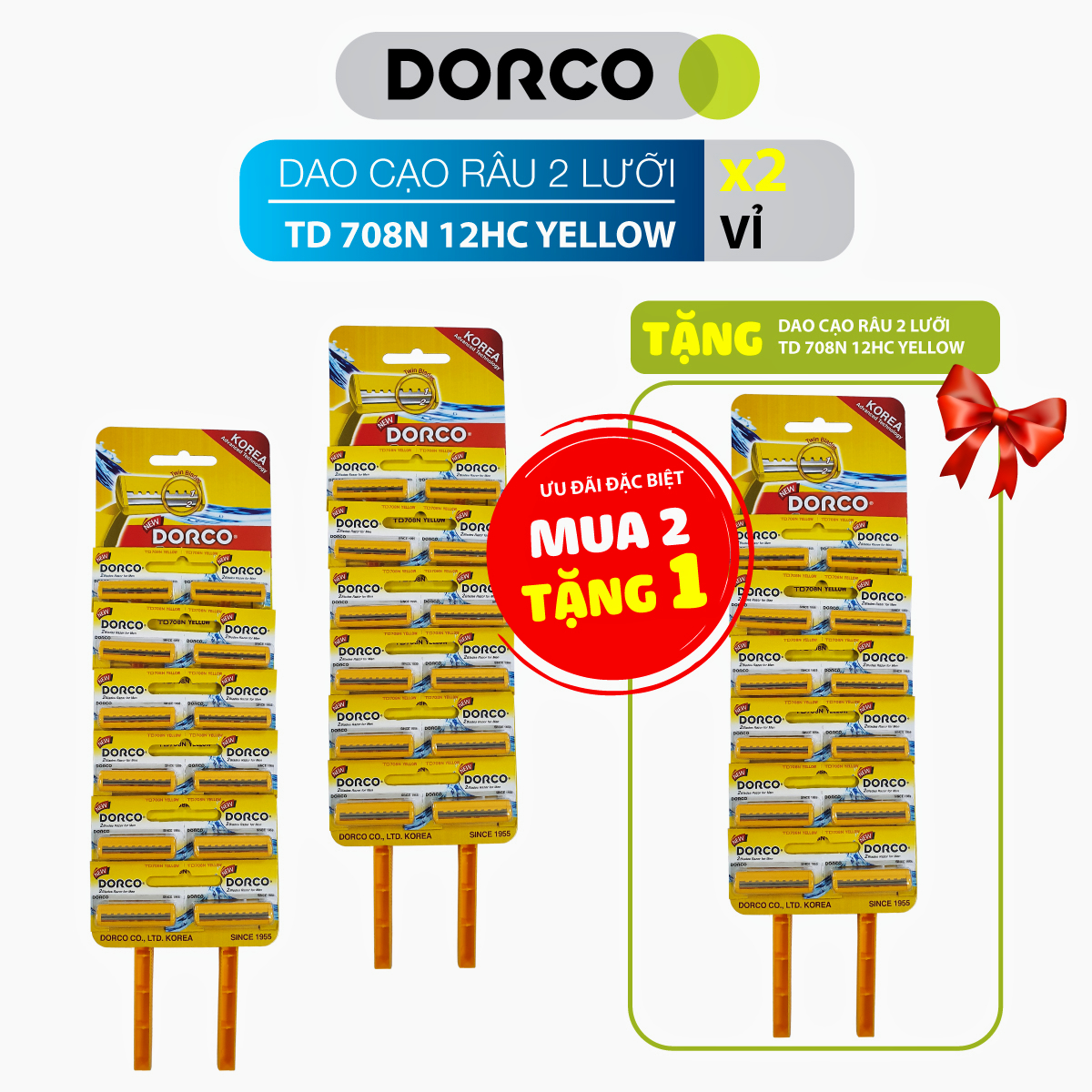 Combo 2 Vỉ Dao Cạo Râu 2 Lưỡi Dorco Td 708N 12Hc Yellow Tặng 1 Vỉ Dao Cạo Cùng Loại (1 Vỉ/ 12 Dao Cạo)