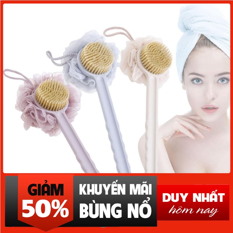 [Rẻ Vãi Chưởng] Cây Bàn Chải Cọ Lưng Đa Năng 2 Đầu Kỳ Chà Massage Mặt Cán Dài Kèm Bông Tắm Lông Mềm Hàng Chuẩn Fullbox Xuất Nhật Cao Cấp