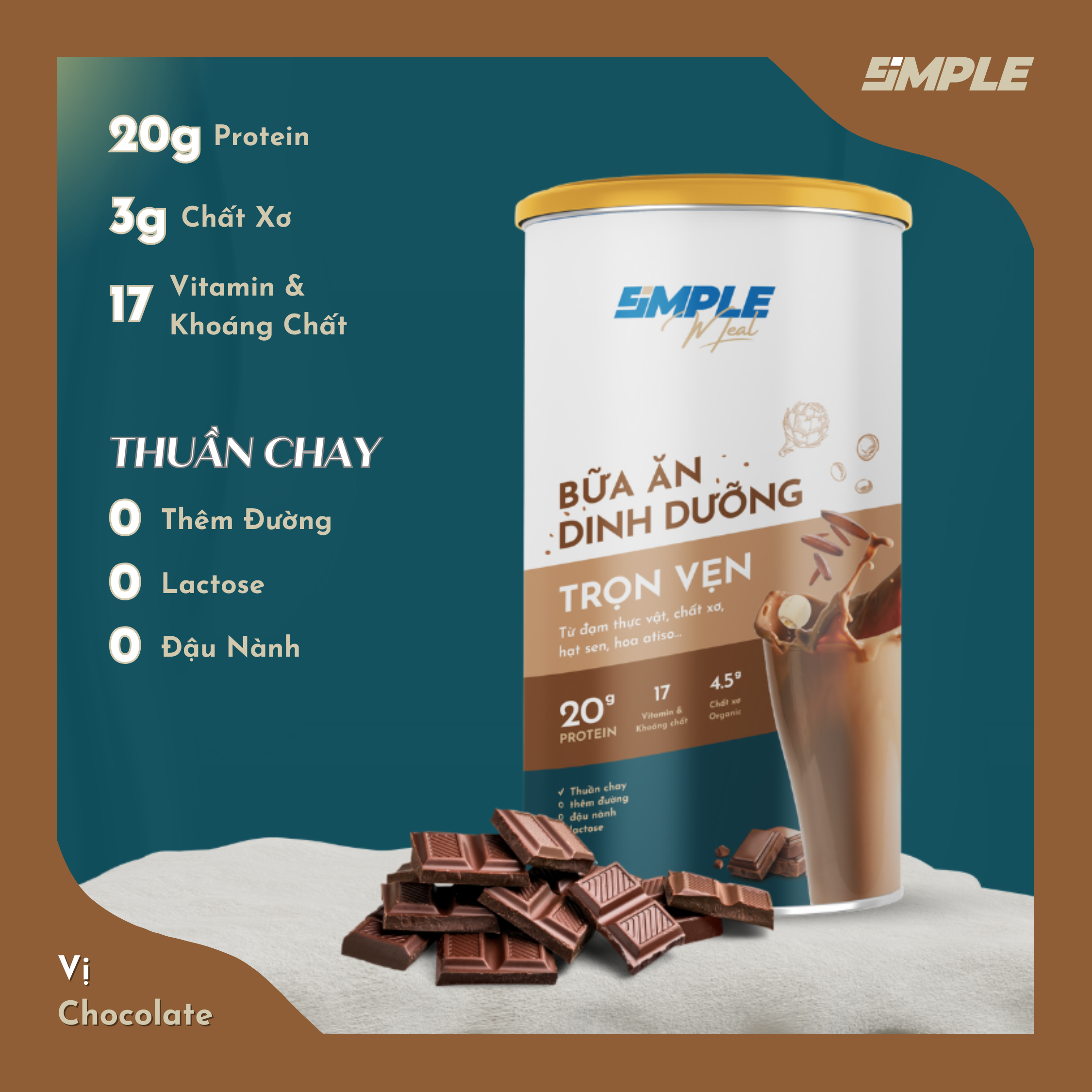 Simple Meal Bột Uống Thay Thế Bữa Ăn Vị Chocolate 20g Protein/1 Serving (Vegan&amp;Organic)