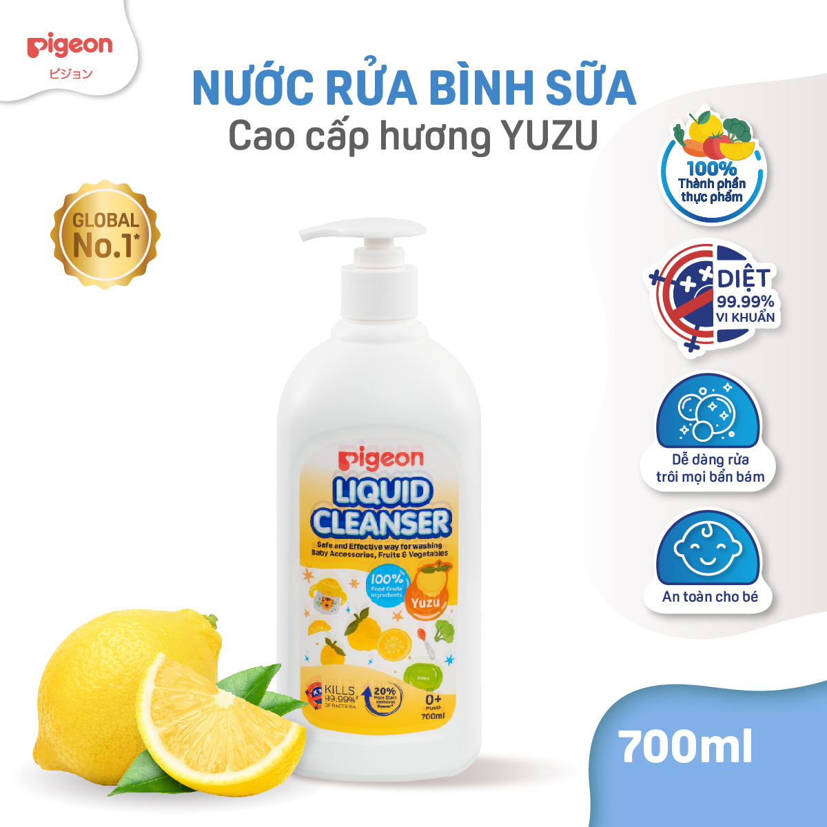 Nước Rửa Bình Sữa Pigeon Hương Yuzu 100% Thành Phần Thực Phẩm Diệt 99.99% Vi Khuẩn