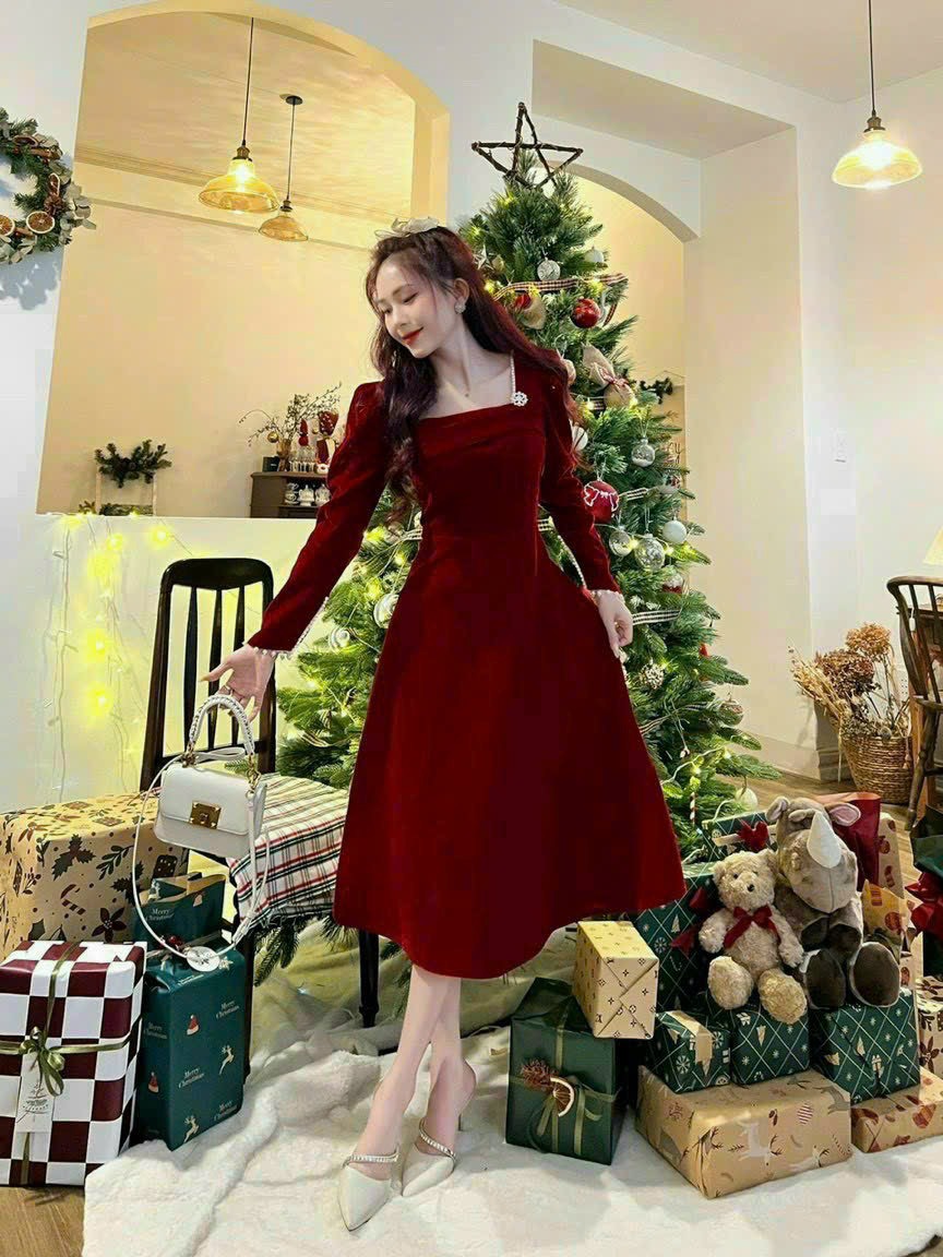 Đầm nhung đỏ tay dài bồng dáng dài cực tôn dáng Đầm siêu HOT đi chơi noel chất nhung tay dài dáng xò