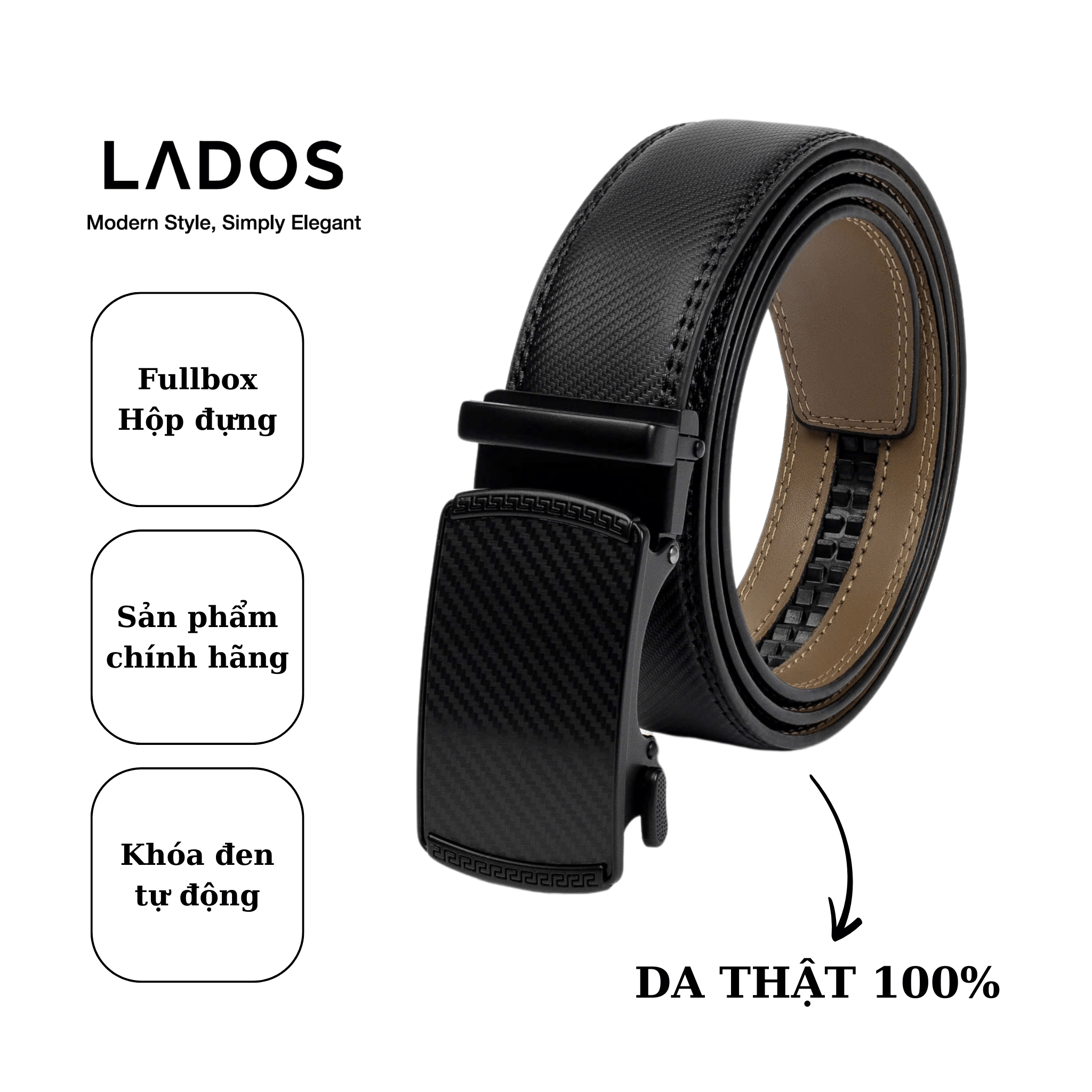 Thắt lưng nam cao cấp da bò thật 100% LADOS-3100 dây nịt khóa tự động sang trọg lịch sự fullbox