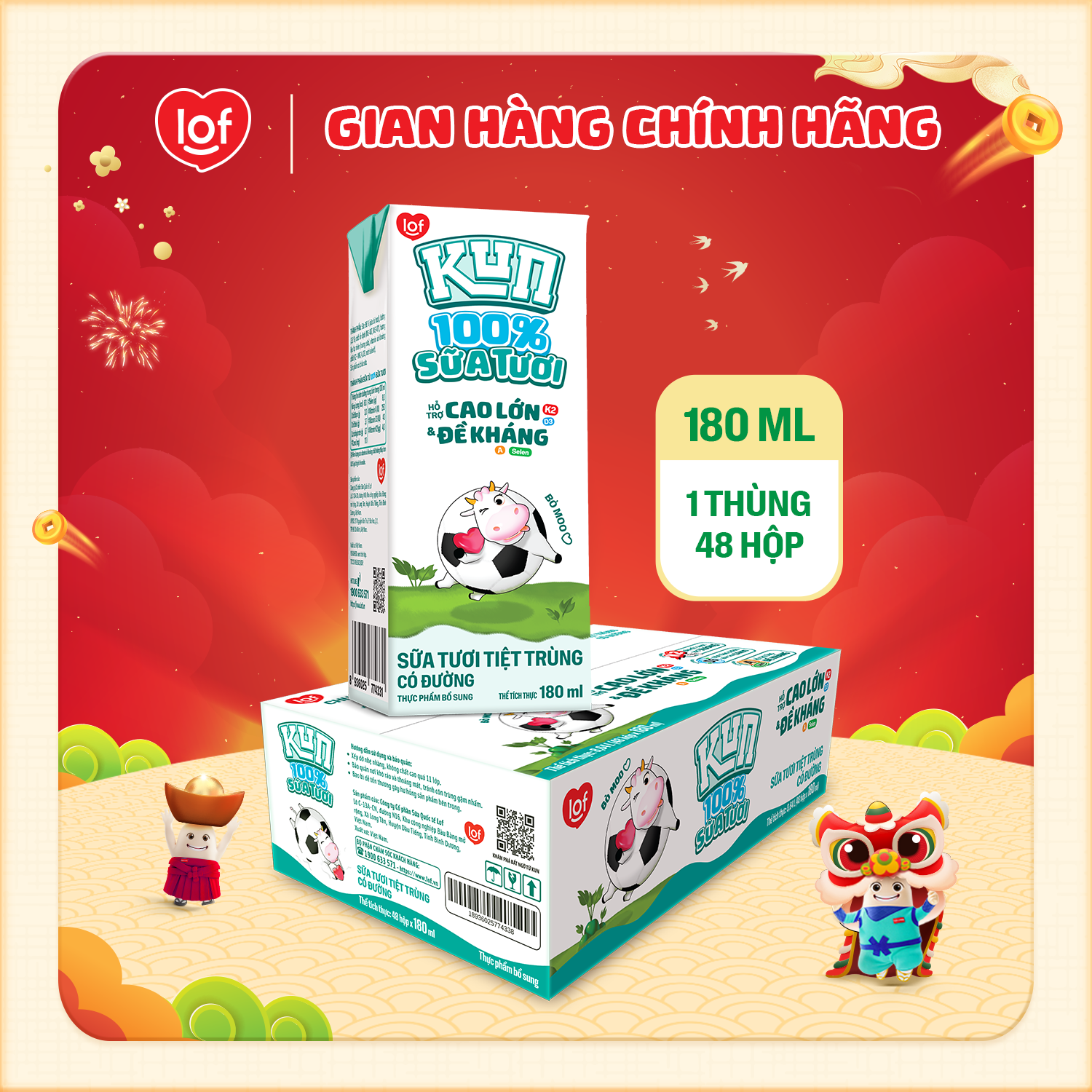 100% sữa tươi KUN có đường thùng 48 hộp x 180ml