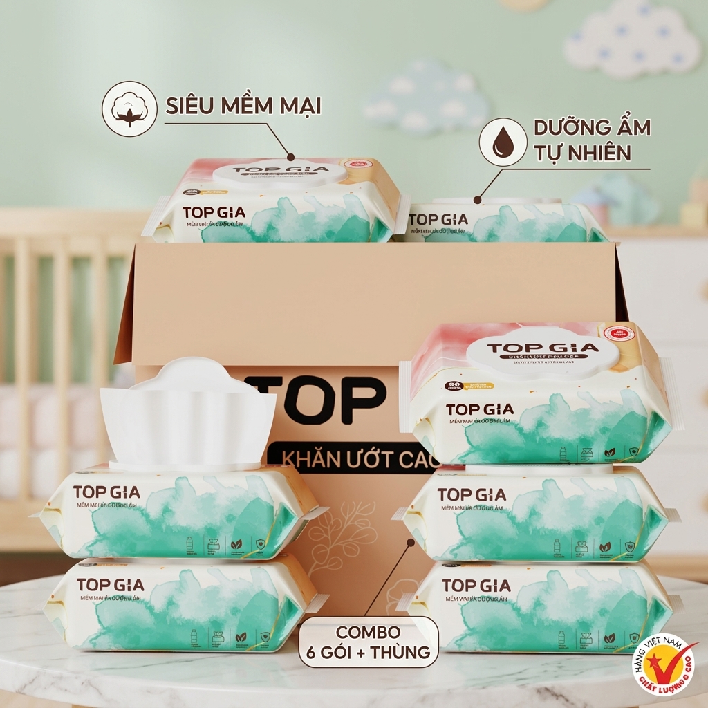 [CHÍNH HÃNG] Combo khăn ướt cao cấp Top Gia - Trọn bộ tiện ích | Khăn ướt mềm mại như bông | Dưỡng ẩm vượt trội | An toàn cho bé | Không chứa cồn & Paraben | Dành cho bé