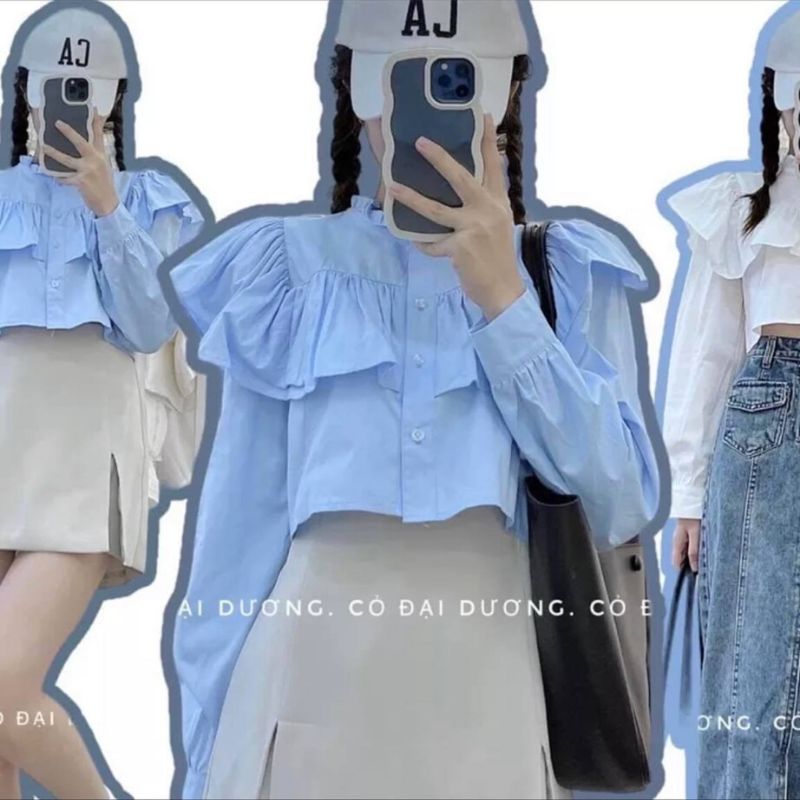 Áo sơ mi croptop cổ viền bèo tay bồng điệu đà cực xinh Áo sơ mi dài tay cổ tàu dáng ngắn tiểu thư th