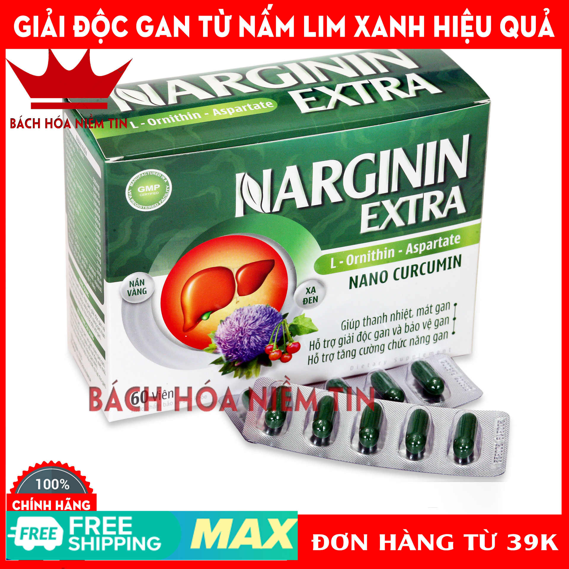 Viên Uống Narginin - Nano Curcumin Nấm Lim Xanh Xạ Đen Cà Gai Leo - Giúp Thanh Nhiệt Giải Độc Gan Hiệu Quả - Hộp 60 Viên Chuẩn Gmp Bộ Y Tế