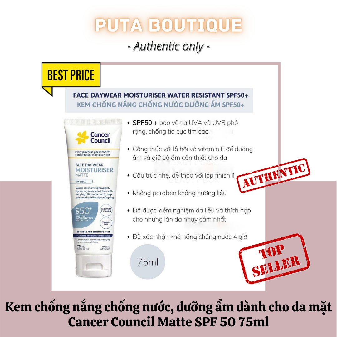 Kem Chống Nắng Cancer Council Face Day Moisturizer Dưỡng Ẩm & Chống Nước Dành Cho Da Mặt Spf50+ 75Ml