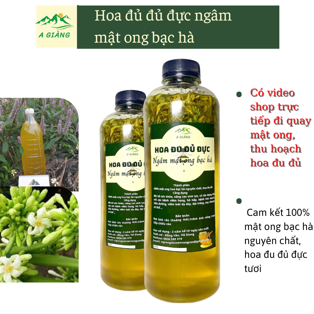 Hoa đu đủ dực khô ngâm mật ong chai 500ml - hao đu đủ đực ngâm mật ong bạc hà Hà Giang - hoa đu đủ đ