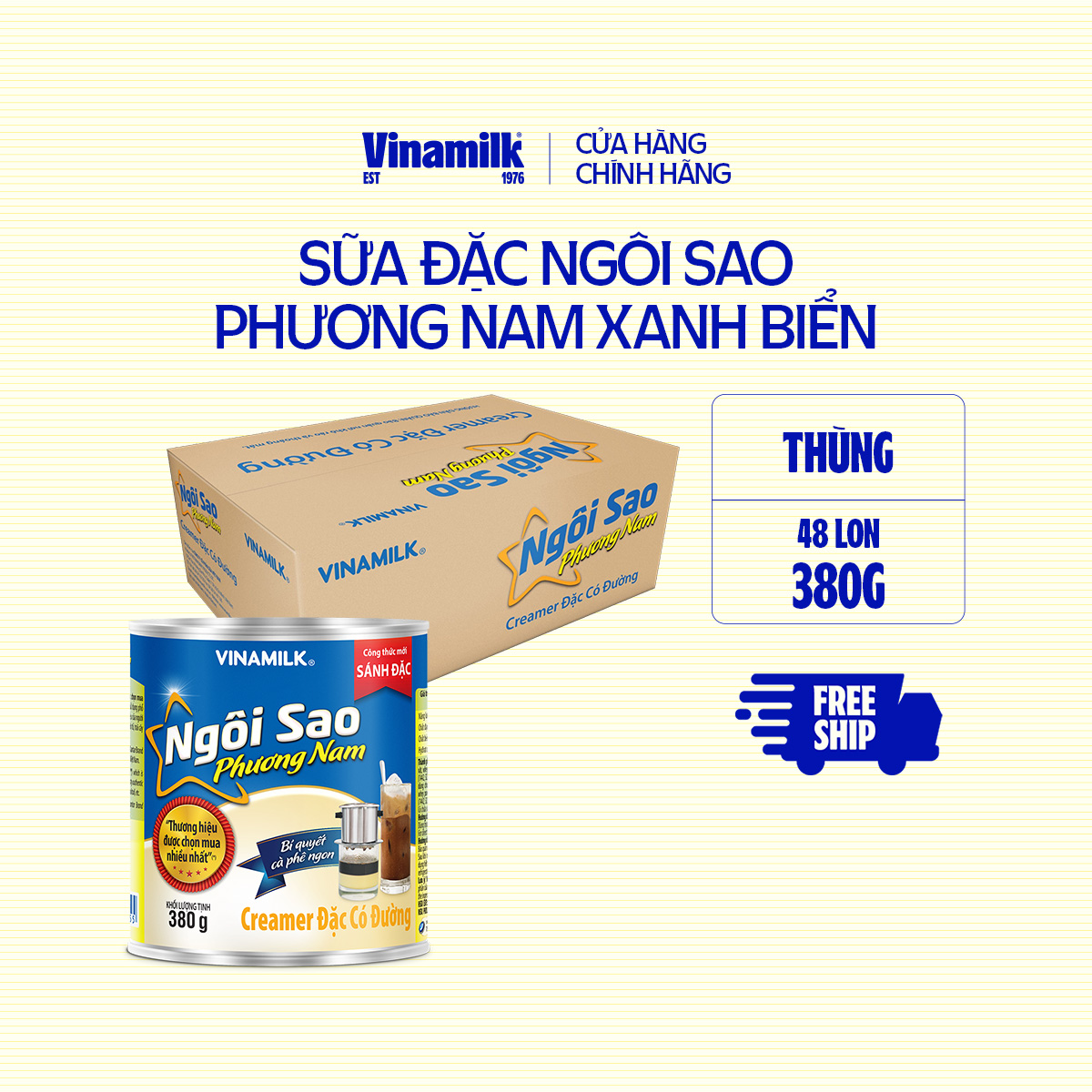 Thùng 48 hộp Creamer sữa đặc Ngôi Sao Phương Nam xanh biển- Hộp thiếc 380g