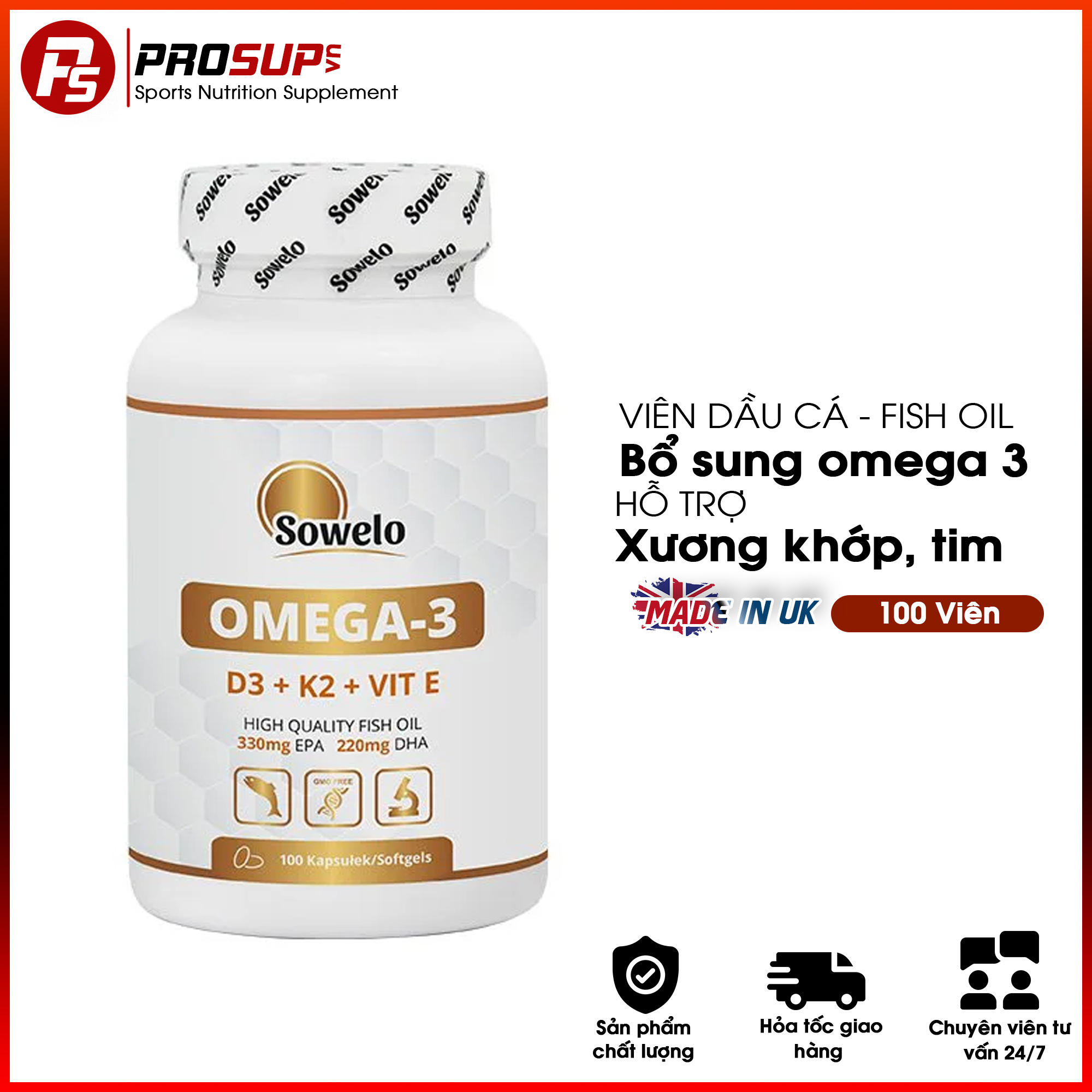 Omega 3 D3 K2 - Sowelo Nutrition (100v/1 Hũ) - Viên dầu cá fish oil hỗ trợ xương khớp tăng cường sức khoẻđề kháng miễn dịch.