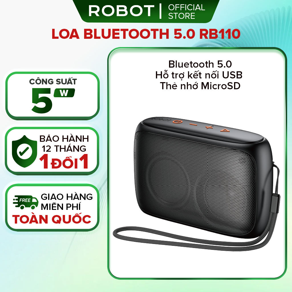 Loa bluetooth mini Robot RB110 công suất 5W loa không dây hỗ trợ ghép đôi 2 loa thẻ nhớ usb pin lâu nhỏ gọn dễ dàng mang theo âm thanh hay chất lượng tốt bass hay kết nối điện thoại - màu đen l hàng chính hãng