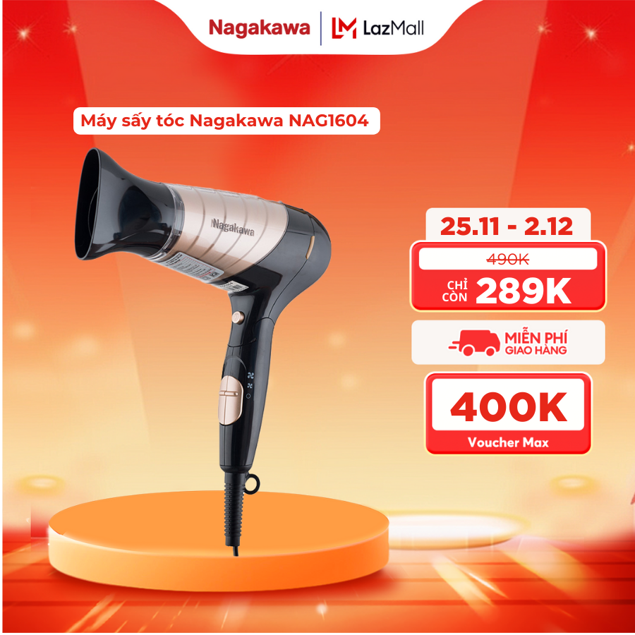 [MUA 2 GIẢM 10%] Máy sấy tóc Nagakawa NAG1604 (1600W) - NAG1606 (2000W) công suất lớn có chế độ sấy 
