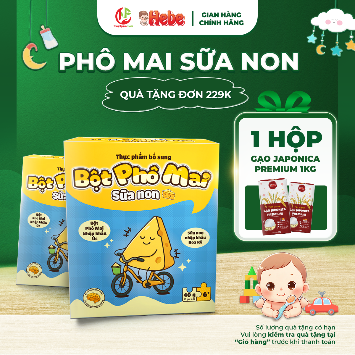 Bột Phô Mai Sữa Non HEBE - tách muối dưỡng chất từ sữa đầu dành cho bé từ 6 tháng - Hộp 10 gói x 4g