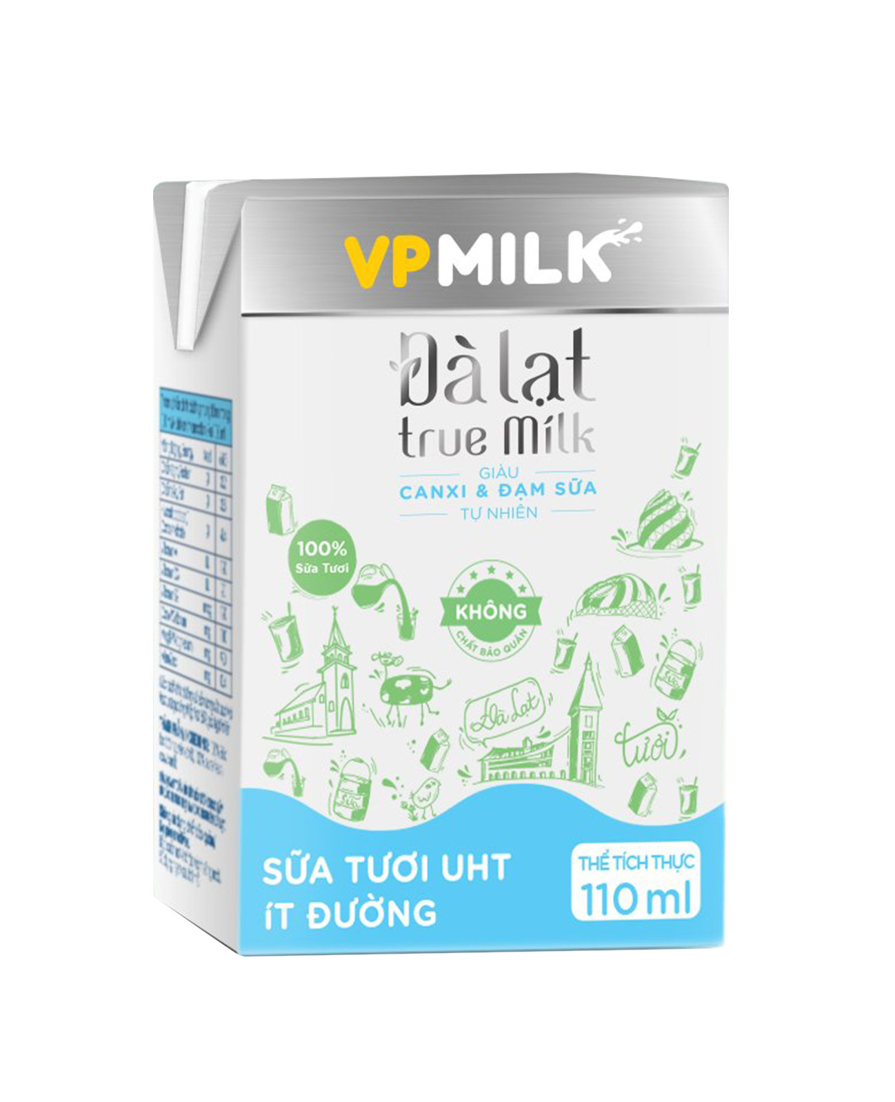 [6 Lốc 110ml] Sữa Tươi Nguyên Chất UHT Đà Lạt True Milk Ít Đường VPMilk