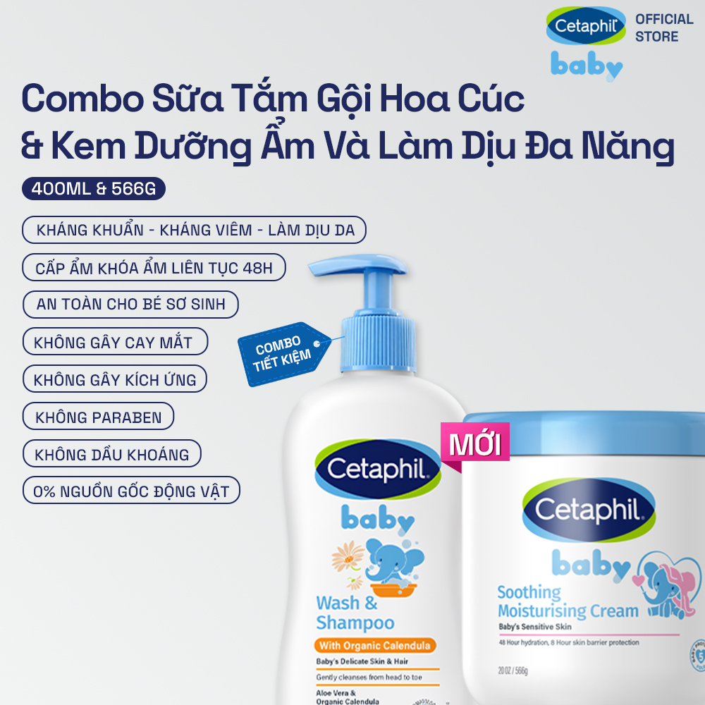 Combo Sữa tắm dưỡng ẩm dịu lành cho bé với Calendula hoa cúc hữu cơ CETAPHIL BABY W&SHAMPOO CALENDULA 400ML & Kem làm dịu và dưỡng ẩm cho bé Cetaphil Baby Soothing & Moisturising Cream hũ 566g