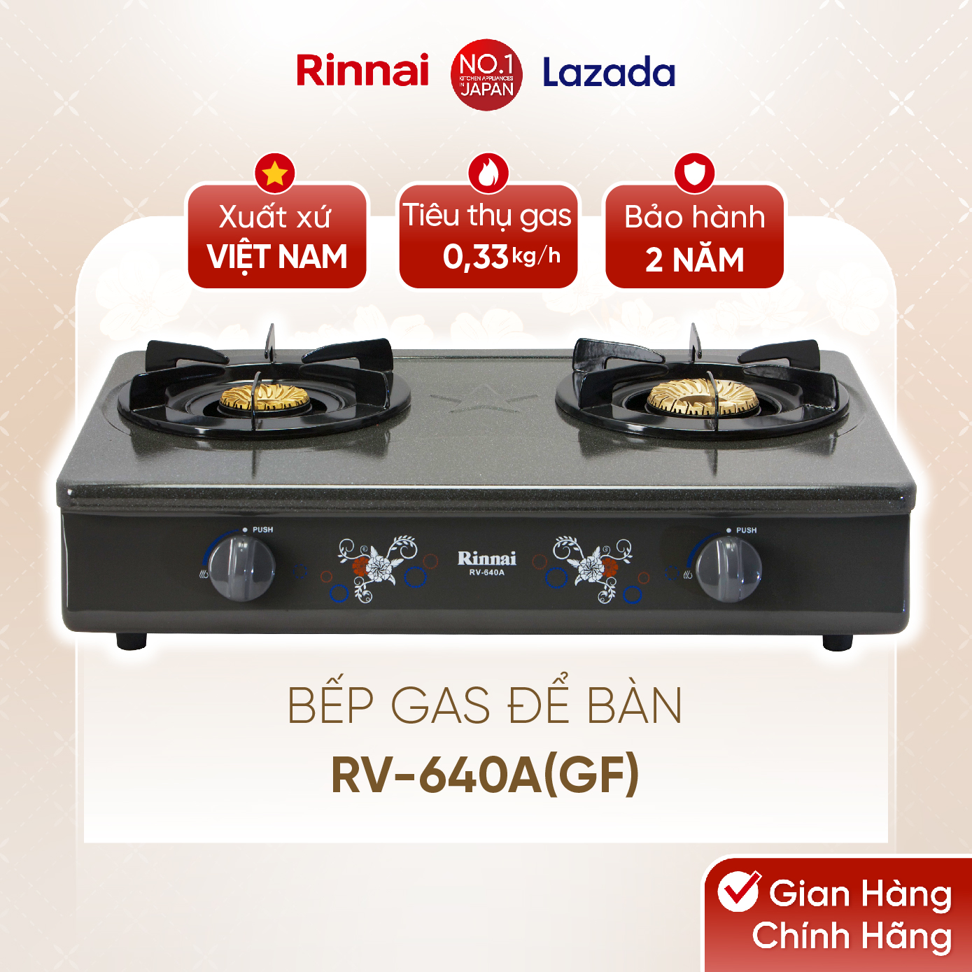 Bếp gas dương Rinnai RV-740A(GF) mặt bếp men và kiềng bếp men - Hàng chính hãng.