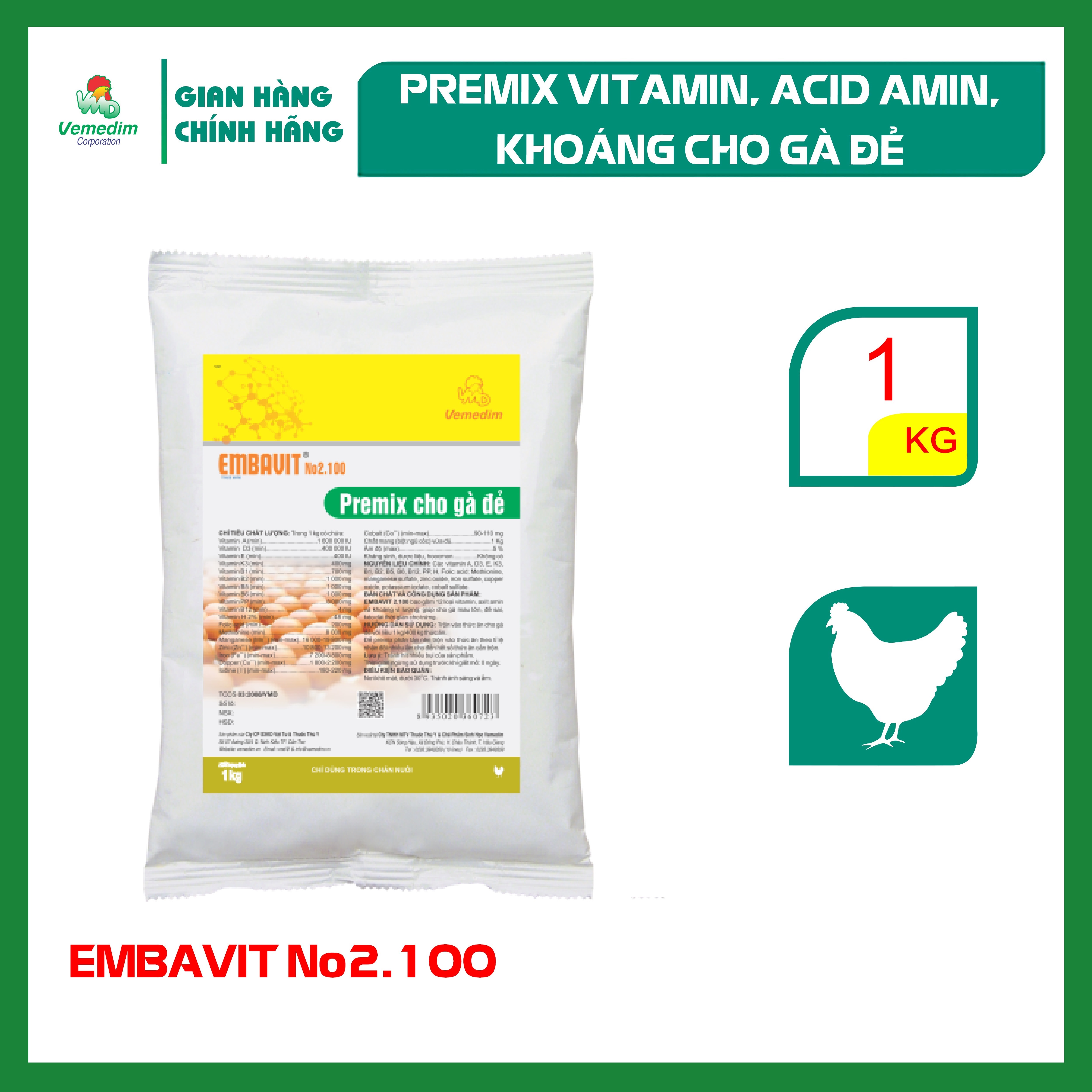 "Hoàn tiền đến 10%" Vemedim EMBAVIT No.2.100 Premix vitamin axit amin khoáng cho gà đẻ giúp gà mau l