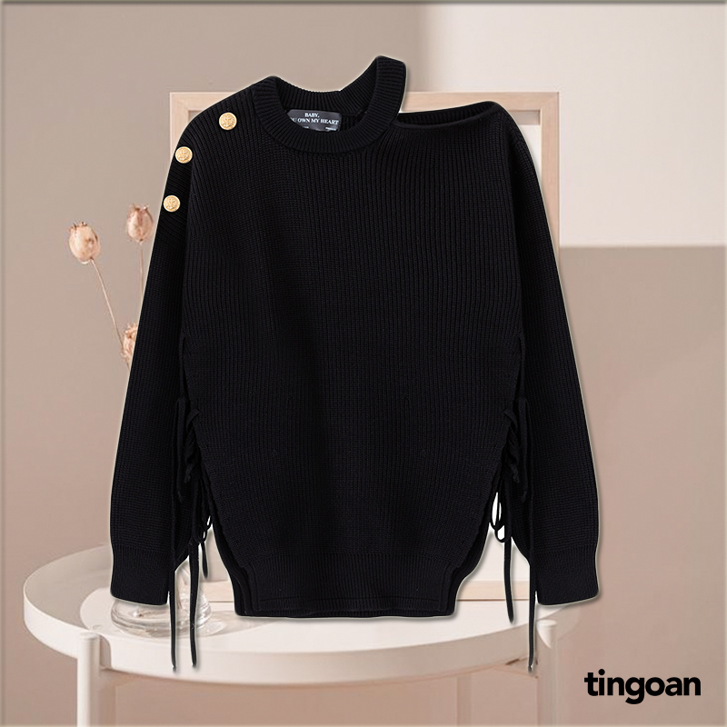 TINGOAN® - Áo len trễ vai một bên sẻ vạt buộc dây đen AFTER YOU SWEATER/BL/FS