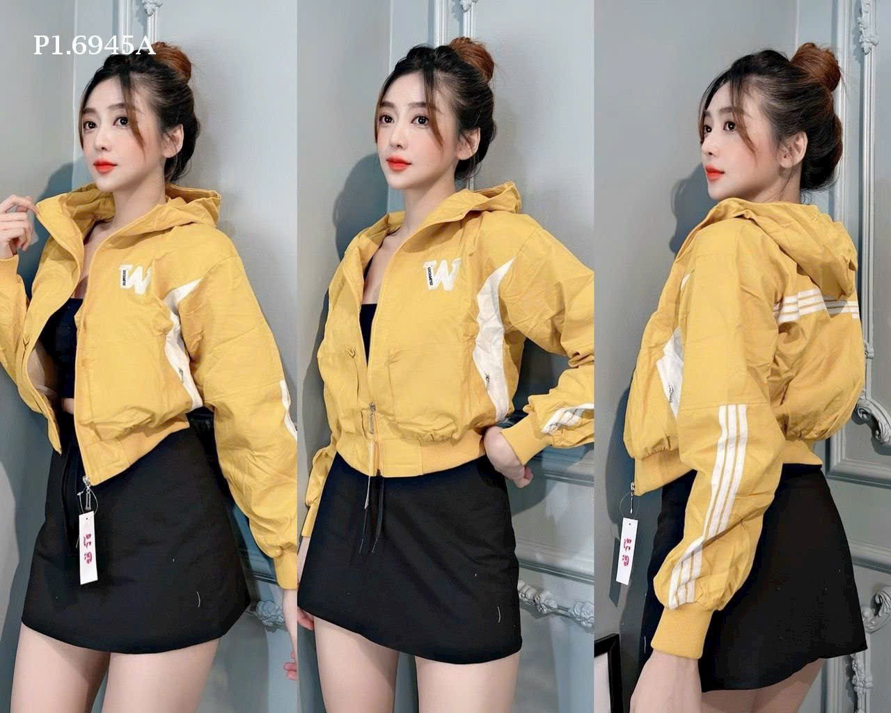 Áo Khoác Lửng Dù Nữ Có Thêu Nổi Chữ W Phối 3 Sọc Trên Cánh Tay Áo Nón Trùm Đầu Rộng Xinh Bo Chun Đẹp