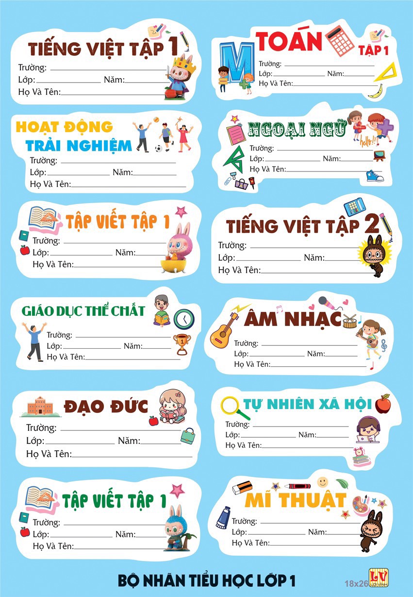 Combo 60 Nhãn Tem Môn Học Lớp 1 - 2 ( 60 Nhãn )