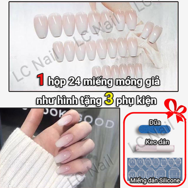 Móng Tay Giả Có Keo Sẵn R079 Trắng Sữa - Set 24 Móng Dài Nhọn + Nhiều Quà Tặng Kèm - Lc Nail