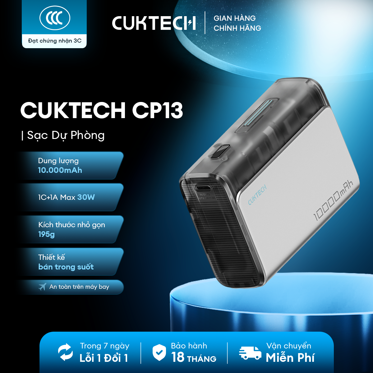 Sạc Dự Phòng CUKTECH CP13 1C1A | Sạc Nhanh 30W | Dung Lượng 10.000mAh | Thiết Kế Nhỏ Gọn | Bảo Hành 
