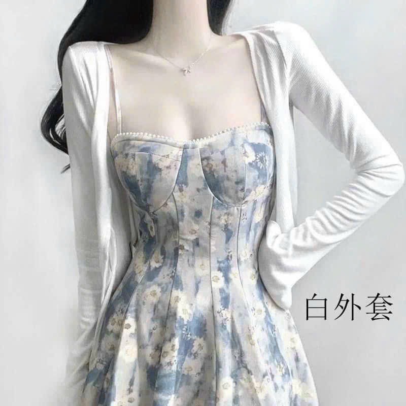 Set bộ siêu HOT đầm hoa 2 dây mix kèm áo khoác xinh xắn Set bộ hottrend áo khoác kèm đầm 2 dây họa t