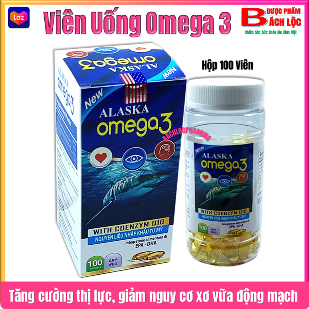 Viên dầu cá Alaska Omega 3 Tim Mắt NãoBổ Não sáng mắt khỏe mạnh tim mạch tăng cường trí nhớ - Hộp 100 viên