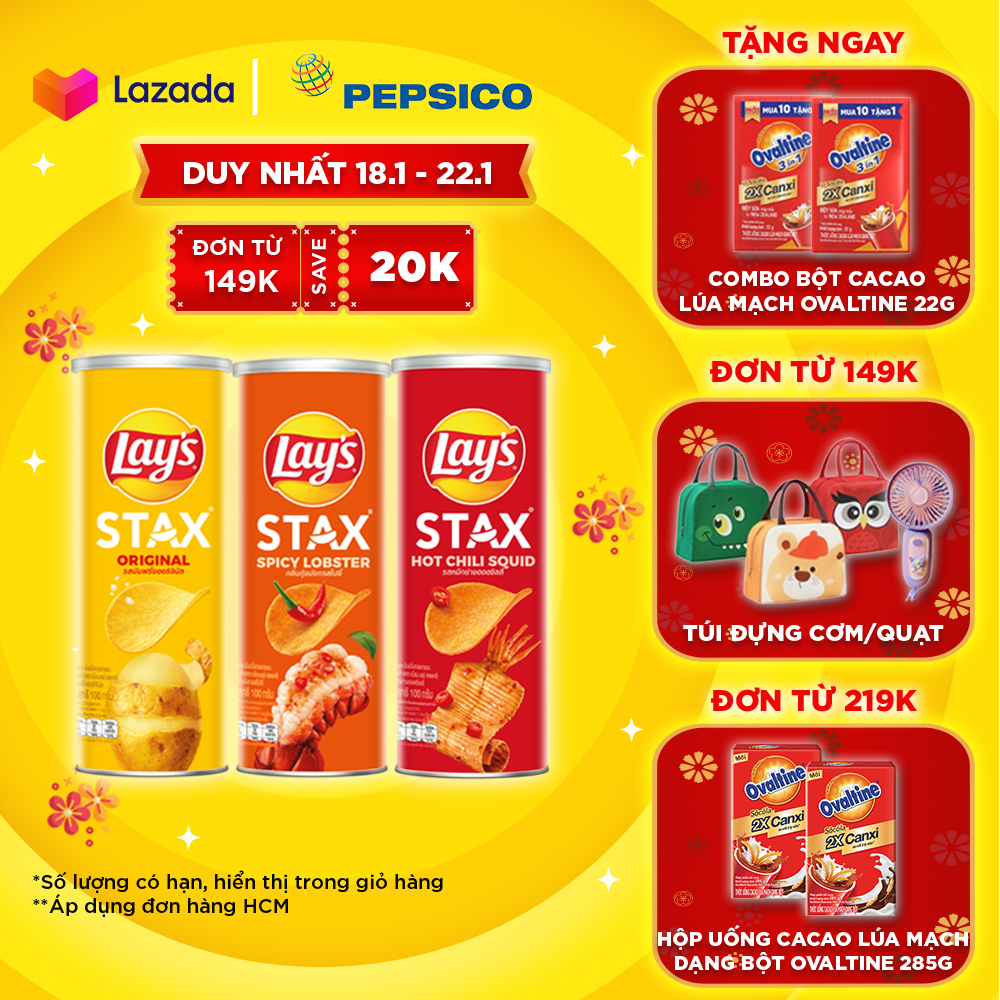 Combo 3 bánh Snack Lays Stax 100gr (Tự nhiên Mực sốt cay Tôm hùm nướng ngũ vị)