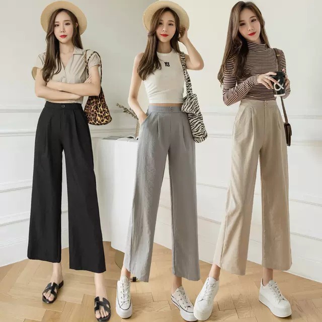 Quần Đũi Suông Ống Rộng Quần Đùi Nữ Cạp Chun Khóa Thật Cúc Cài Màu Đen Trắng Be Quần Ống Rộng Cạp Ch