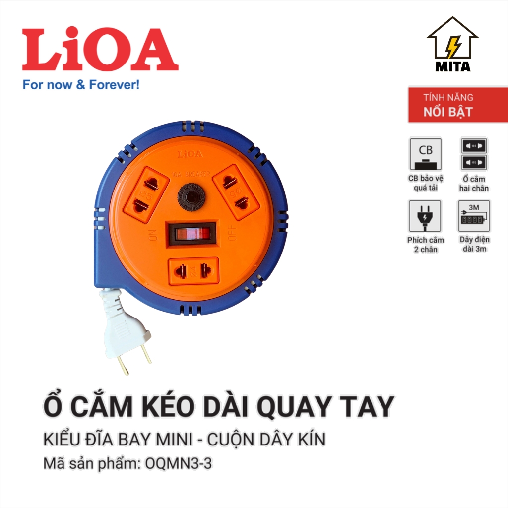 Ổ cắm điện kéo dài quay tay LiOA 3 ổ cắm Ổ cắm kiểu đĩa bay dây dài 3m/5m/10m - MITA