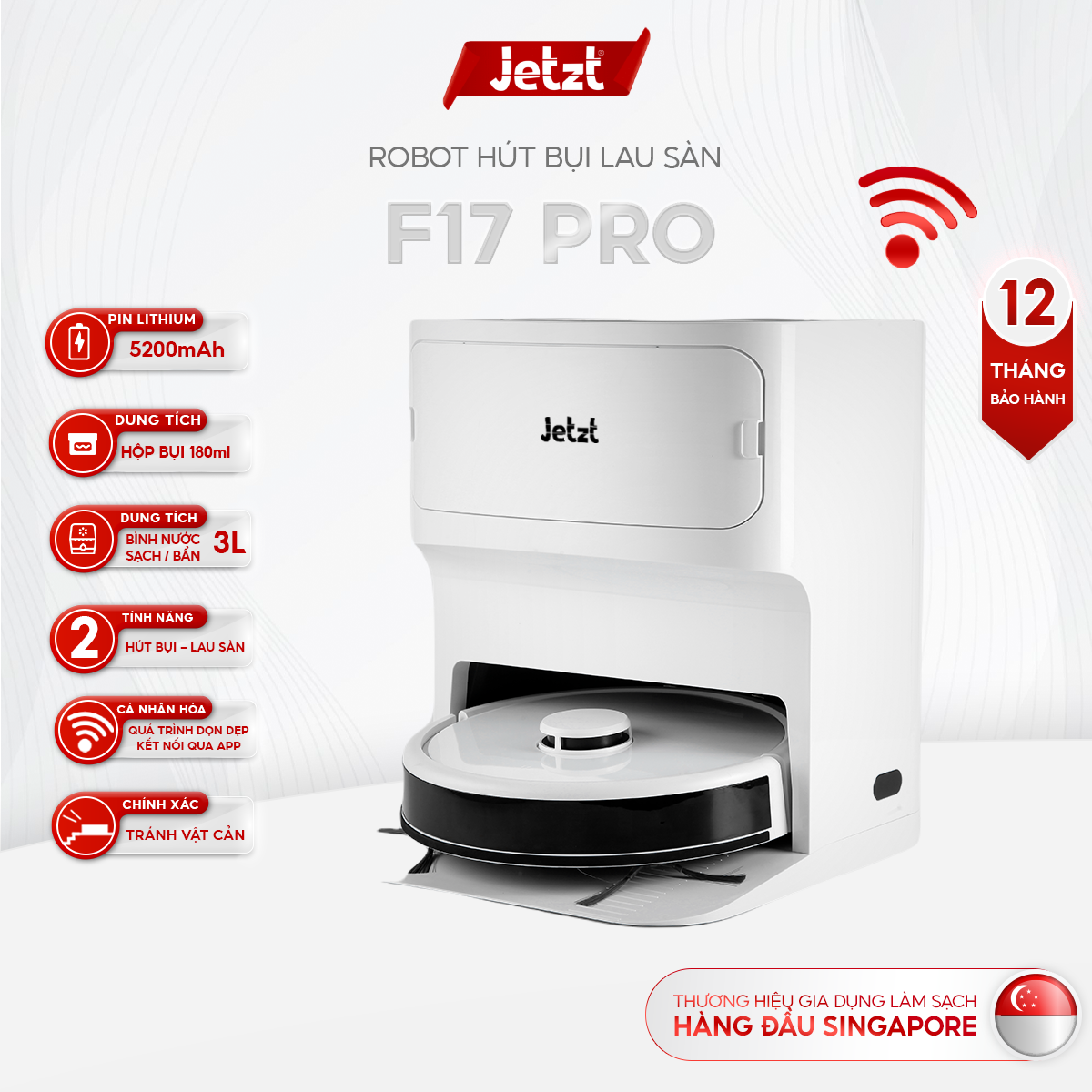 Robot hút bụi lau sàn tự động JETZT F17 PRO - Thiết kế nhỏ gọn, pin 5200mAh