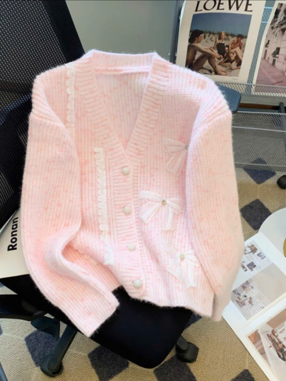 Áo Len Cardigan Khoác Cardigan Nữ Dệt Kim Nơ Trắng Phối Ren