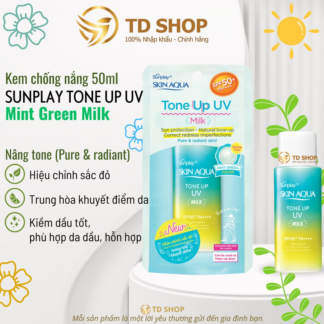 [Chính hãng] Sữa chống nắng kiềm dầu nâng tông Sunplay Skin Aqua Tone Up UV Milk 50g - Mint Green - 