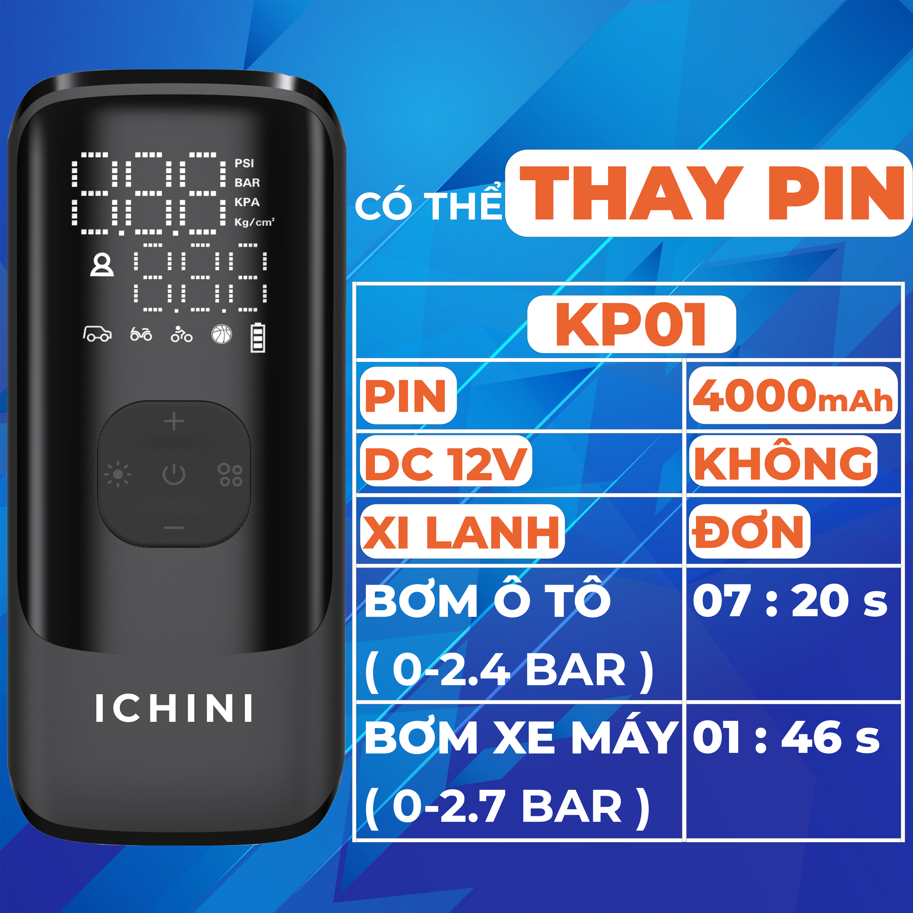 Bơm lốp ô tô không dây Ichini 12000 mAh 7500 mAh 4000 mAh DC 12V xi lanh đôi 160 psi  nguồn điện kép